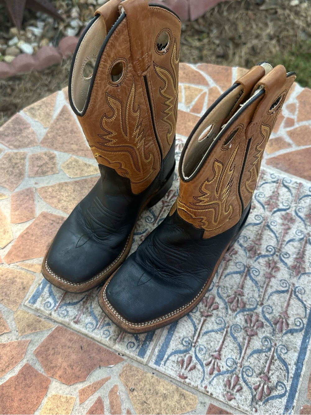 Old West Boys Two-Tone Black Foot & Brown Shaft Cowboy Boots Size 10